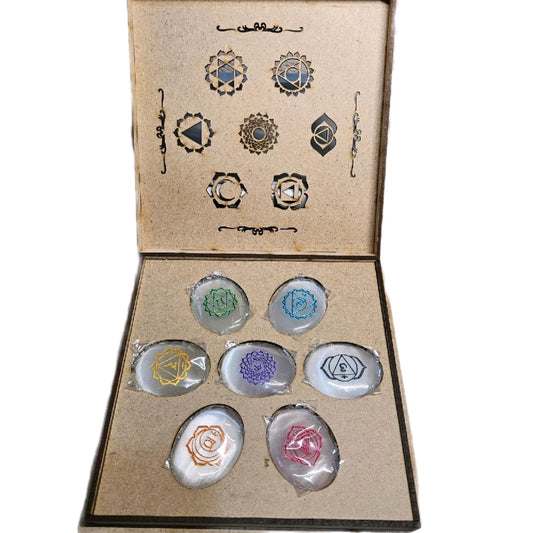 Box set of small selenite 7 main Chakra palm stones