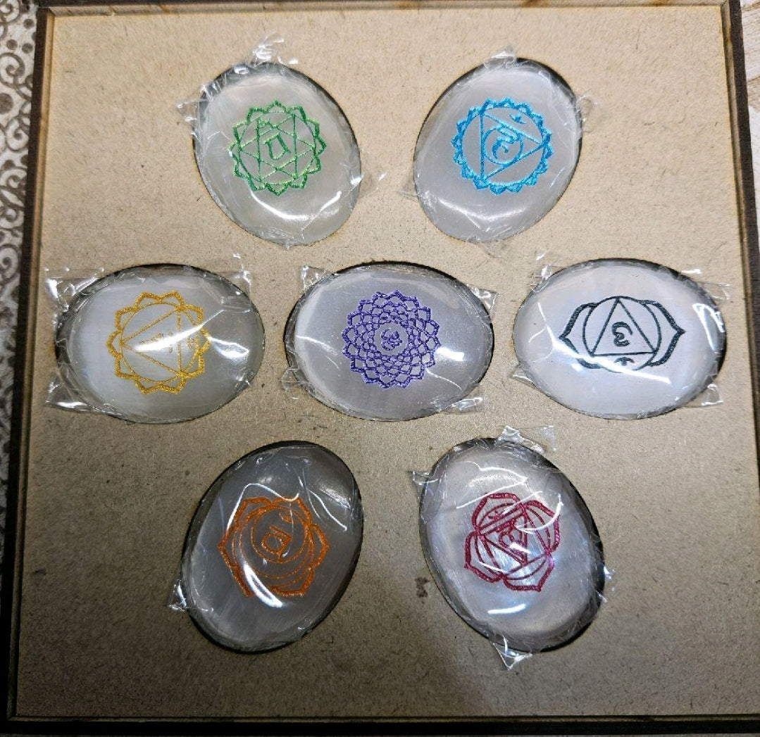 Box set of small selenite 7 main Chakra palm stones