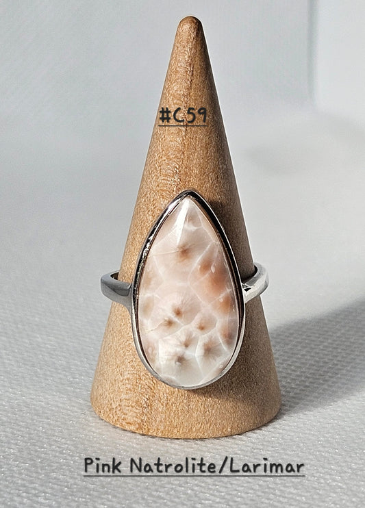 Pink Natrolite/Larimar S925 Pendants abd adjustable Rings