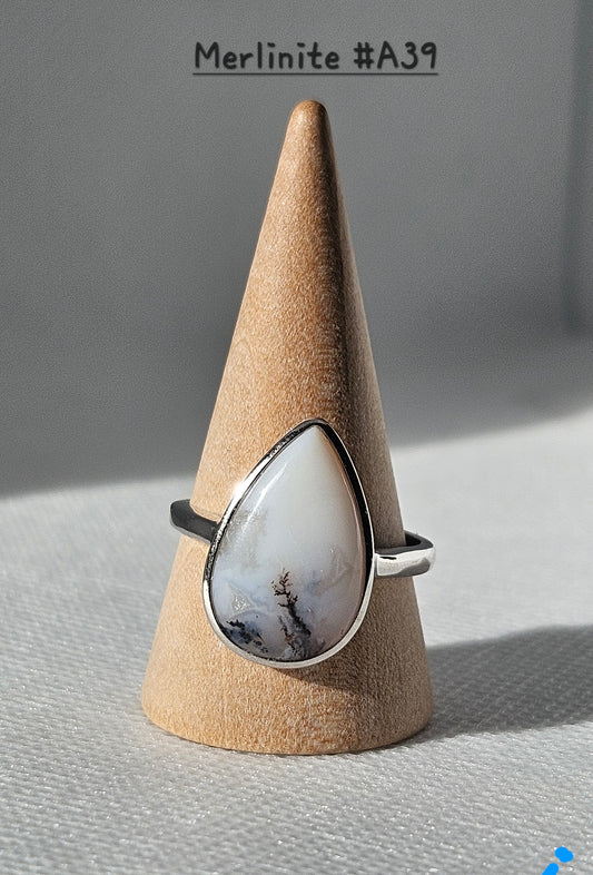 Merlinite/Denditric Opal S925 adjustable rings and Pendants